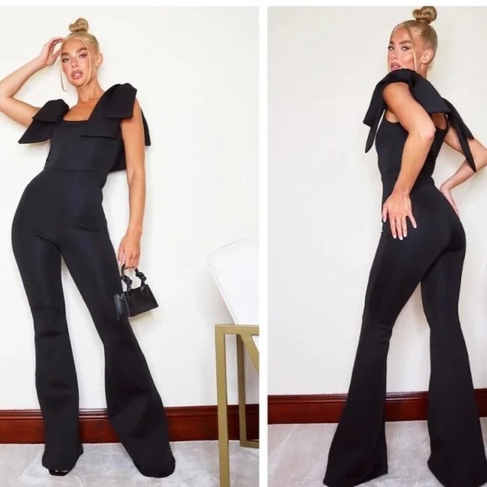 NEW PrettyLittleThing Black Bow Shoulder Flared Leg Scuba Jumpsuit size 12